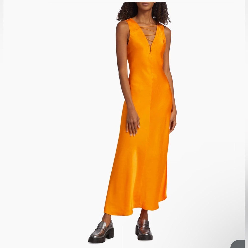 FRAME LACE-UP FRONT Stripe Satin MIDI LONG ORANGE DRESS IN NECTARINE sz.XS